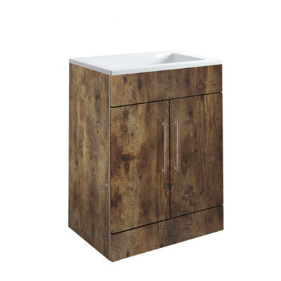 Homestylestore 600mm Dark Oak Floorstanding Bathroom Vanity Unit And Aged Bronze T Bar Handle - image 1