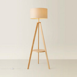 Valuelights Morrigan Natural Wood Shelf Tripod Floor Lamp With Drum Shade - thumbnail 3