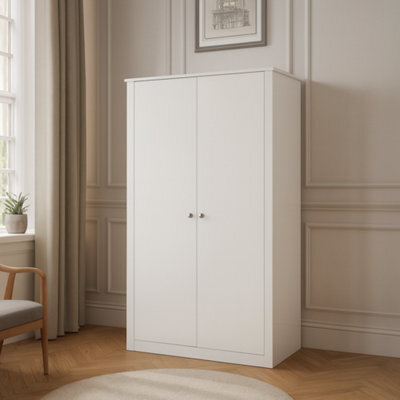 Home Treats White 2 Door Wardrobe Wooden Modern Bedroom Storage Cupboard With Hanging Rail & Shelf - image 1