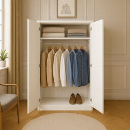 Home Treats White 2 Door Wardrobe Wooden Modern Bedroom Storage Cupboard With Hanging Rail & Shelf - thumbnail 4