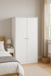 Home Treats White 2 Door Wardrobe Wooden Modern Bedroom Storage Cupboard With Hanging Rail & Shelf - thumbnail 6