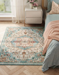 LEDREM Area Rug,non-Slip Carpet, Traditional Vintage Style,for Living Room, Kitchen, Dining Room, Machine Washable, Teal Blue - thumbnail 1
