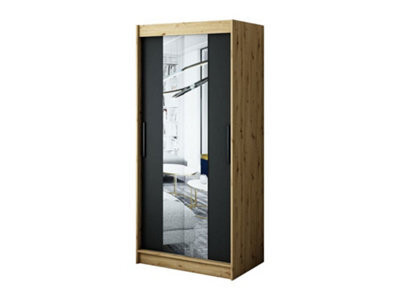 Arte Leto T1 Contemporary 2 Sliding Mirror Door Wardrobe 5 Shelves 2 Rails Black Matt And Oak Effect (H)2000mm (W)1000mm (D)620mm - image 1