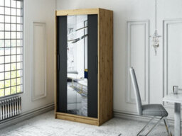 Arte Leto T1 Contemporary 2 Sliding Mirror Door Wardrobe 5 Shelves 2 Rails Black Matt And Oak Effect (H)2000mm (W)1000mm (D)620mm - thumbnail 2
