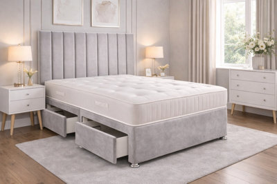 Comfy Deluxe 9 Panel Silver Suede 6Ft Super King Size Bed Set With Orthopaedic Mattress And Headboard No Drawers