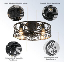 Cage Ceiling Fan With Lights Black 51 Cm With Remote Control - thumbnail 4