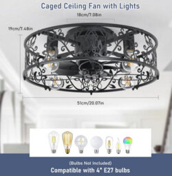 Cage Ceiling Fan With Lights Black 51 Cm With Remote Control - thumbnail 3