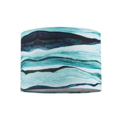 Happy Homewares Sea Waves Drum Lamp Shade In Teal Duck Egg And Navy Blue - 25Cm Linen Fabric - image 1