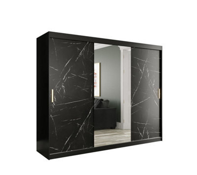 Arte Elegant Black Geneva T1 Sliding Door Wardrobe W2500mm H2000mm D620mm - Spacious Design, Gold Handles, Mirrored Door - image 1