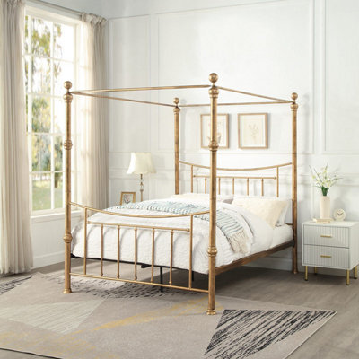 OAT Home Westminster Antique Brass Effect Metal Victorian 4 Poster Canopy Double Bed Frame - image 1
