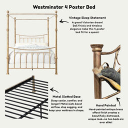 OAT Home Westminster Antique Brass Effect Metal Victorian 4 Poster Canopy Double Bed Frame - thumbnail 8