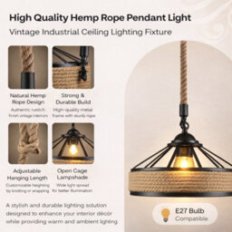 Vintage Industrial 30Cm Ceiling Pendant Light Hemp Rope Metal Cage Hanging Lamp - thumbnail 8