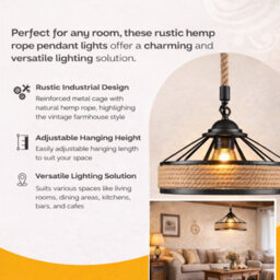 Vintage Industrial 30Cm Ceiling Pendant Light Hemp Rope Metal Cage Hanging Lamp - thumbnail 6