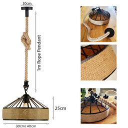 Vintage Industrial 30Cm Ceiling Pendant Light Hemp Rope Metal Cage Hanging Lamp - thumbnail 3