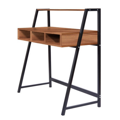 RB UK Nautilus Designs Walnut Computer Desk With Black Frame & Upper Storage Shelf - image 1