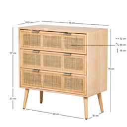 Nordlys 3-Drawer Solid Wood And Natural Rattan Dresser Exotic Boho Bedroom - thumbnail 6