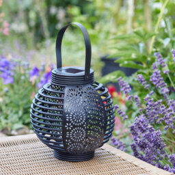 Black Solar Powered Ferrara Lantern With Decorative Cut-Out Design & Flaming Effect - Freestanding Or Hanging Outdoor Garden Light - thumbnail 2