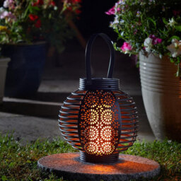 Black Solar Powered Ferrara Lantern With Decorative Cut-Out Design & Flaming Effect - Freestanding Or Hanging Outdoor Garden Light