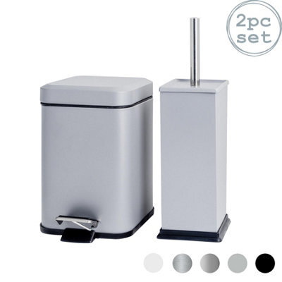 Harbour Housewares 3L Bathroom Bin & Brush Set - Matt Grey - Square Stainless Steel Slim Trashcan Pedal Bin & Toilet Brush Set - image 1