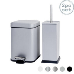 Harbour Housewares 3L Bathroom Bin & Brush Set - Matt Grey - Square Stainless Steel Slim Trashcan Pedal Bin & Toilet Brush Set - thumbnail 1