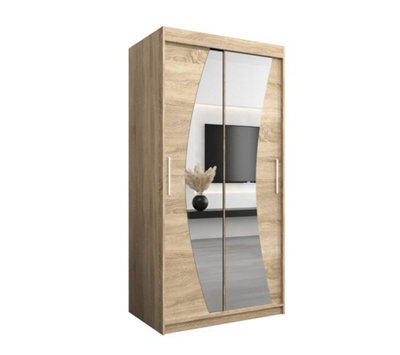 Arte Wave Contemporary 2 Mirrored Sliding Door Wardrobe 5 Shelves 2 Rails Oak Sonoma Effect (H)2000mm (W)1000mm (D)620mm - image 1