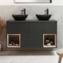 Homestylestore Black Grey 1200mm Led Lit Wall Hung Bathroom Vanity Unit Oval Graphite Countertop Basins Open Shelves - thumbnail 2