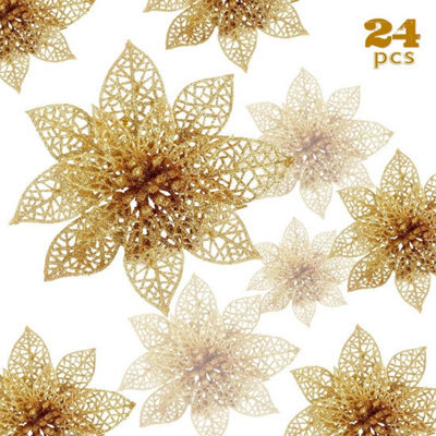 24 Hollow Glitter Christmas Flowers, Artificial Poinsettia - Shaped Christmas Decorations, For Wedding, Party, Christmas (Gold) - image 1