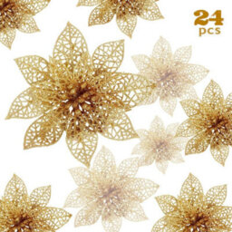 24 Hollow Glitter Christmas Flowers, Artificial Poinsettia - Shaped Christmas Decorations, For Wedding, Party, Christmas (Gold) - thumbnail 1