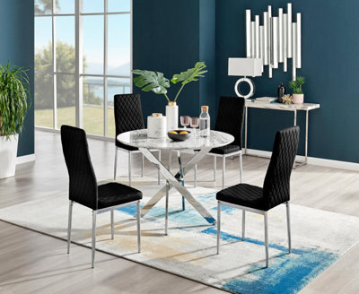 Furniturebox Uk Novara White Marble Round Dining Table & 4 Black Velvet Milan Chairs - image 1