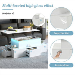 Abrihome Lift-Top Coffee Table, Highgloss Centre Table With 4 Drawers & Led Lights, Lifting Sofa Side Table For Livingroom, Office, White - thumbnail 2
