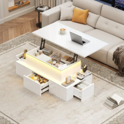 Abrihome Lift-Top Coffee Table, Highgloss Centre Table With 4 Drawers & Led Lights, Lifting Sofa Side Table For Livingroom, Office, White - thumbnail 1