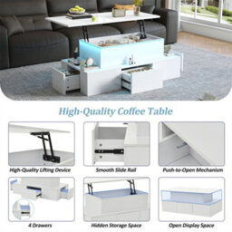 Abrihome Lift-Top Coffee Table, Highgloss Centre Table With 4 Drawers & Led Lights, Lifting Sofa Side Table For Livingroom, Office, White - thumbnail 3