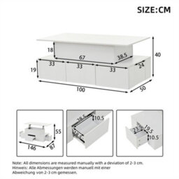 Abrihome Lift-Top Coffee Table, Highgloss Centre Table With 4 Drawers & Led Lights, Lifting Sofa Side Table For Livingroom, Office, White - thumbnail 5