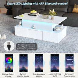 Abrihome Lift-Top Coffee Table, Highgloss Centre Table With 4 Drawers & Led Lights, Lifting Sofa Side Table For Livingroom, Office, White - thumbnail 4
