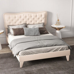 King Size Bed Frame Wooden Slat Bed Platform Upholstered Button Tufted Headboard - thumbnail 4