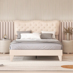 King Size Bed Frame Wooden Slat Bed Platform Upholstered Button Tufted Headboard - thumbnail 6
