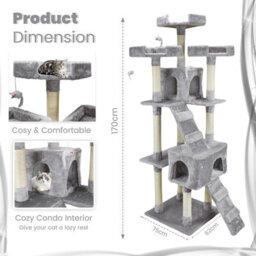 Wadan Cat Tree Tower With Condos, Ladder & Scratching Posts 170Cm Multilevel Cat Activity Centre For Large & Small Cats, Grey - thumbnail 2