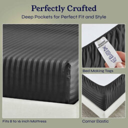 Oxford Homeware Charcoal Satin Stripe Fitted Sheet 40Cm Extra Deep Pocket Soft Easy Care Bedding Sheet (W)137Cmx(L)191Cm (Double) - thumbnail 4