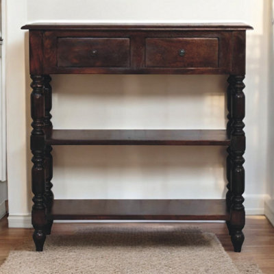 Artisan Furniture Solid Wood Turned Legs Cherry Side Table, 2-Drawers, 2 Shelves, Dark Brown - image 1