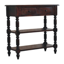 Artisan Furniture Solid Wood Turned Legs Cherry Side Table, 2-Drawers, 2 Shelves, Dark Brown - thumbnail 3