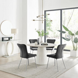 Furniturebox Uk Palma Beige Stone Effect Round Dining Table & 4 Dark Grey Nora Silver Leg Chairs - thumbnail 1