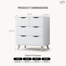 Afn Home 2+2 Drawer Chest Of Drawers, 4 Drawer Bedroom Storage Unit, Rubber Wood Legs, H69.5 X W60 X D39Cm, White Matt - thumbnail 3