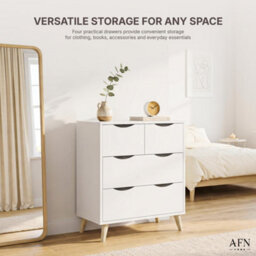 Afn Home 2+2 Drawer Chest Of Drawers, 4 Drawer Bedroom Storage Unit, Rubber Wood Legs, H69.5 X W60 X D39Cm, White Matt - thumbnail 6