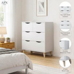 Afn Home 2+2 Drawer Chest Of Drawers, 4 Drawer Bedroom Storage Unit, Rubber Wood Legs, H69.5 X W60 X D39Cm, White Matt - thumbnail 5