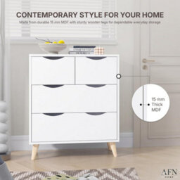 Afn Home 2+2 Drawer Chest Of Drawers, 4 Drawer Bedroom Storage Unit, Rubber Wood Legs, H69.5 X W60 X D39Cm, White Matt - thumbnail 7