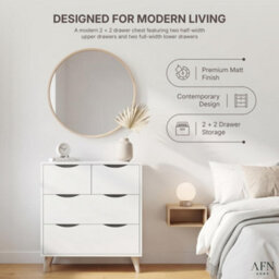 Afn Home 2+2 Drawer Chest Of Drawers, 4 Drawer Bedroom Storage Unit, Rubber Wood Legs, H69.5 X W60 X D39Cm, White Matt - thumbnail 4