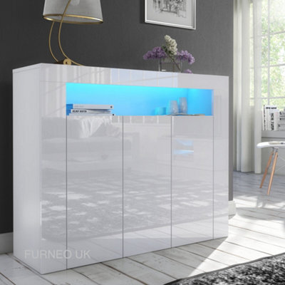 Furneo Matt & High Gloss White 3-Door Sideboard Cabinet Cupboard Unit Clifton 04 Blue Led Lights - image 1