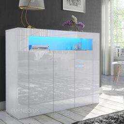 Furneo Matt & High Gloss White 3-Door Sideboard Cabinet Cupboard Unit Clifton 04 Blue Led Lights - thumbnail 1