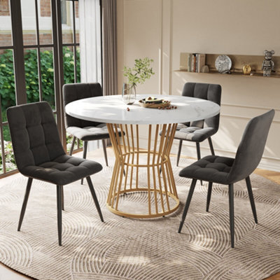 Btm White Round Dining Table Set With Grey Velvet Chairs Gold Legs 5 Piece Kitchen Dining Furniture - image 1