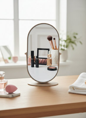 Biznest Beige Oval Mirror 360 Rotation Function Dressing Table Framed Stand Swivel Design Home Vanity Decor Display - image 1